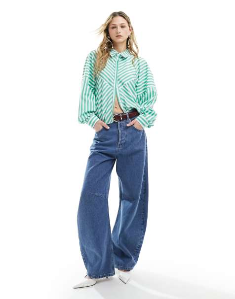 ASOS DESIGN spliced detail volume shoulder shirt in green stripe - view 1