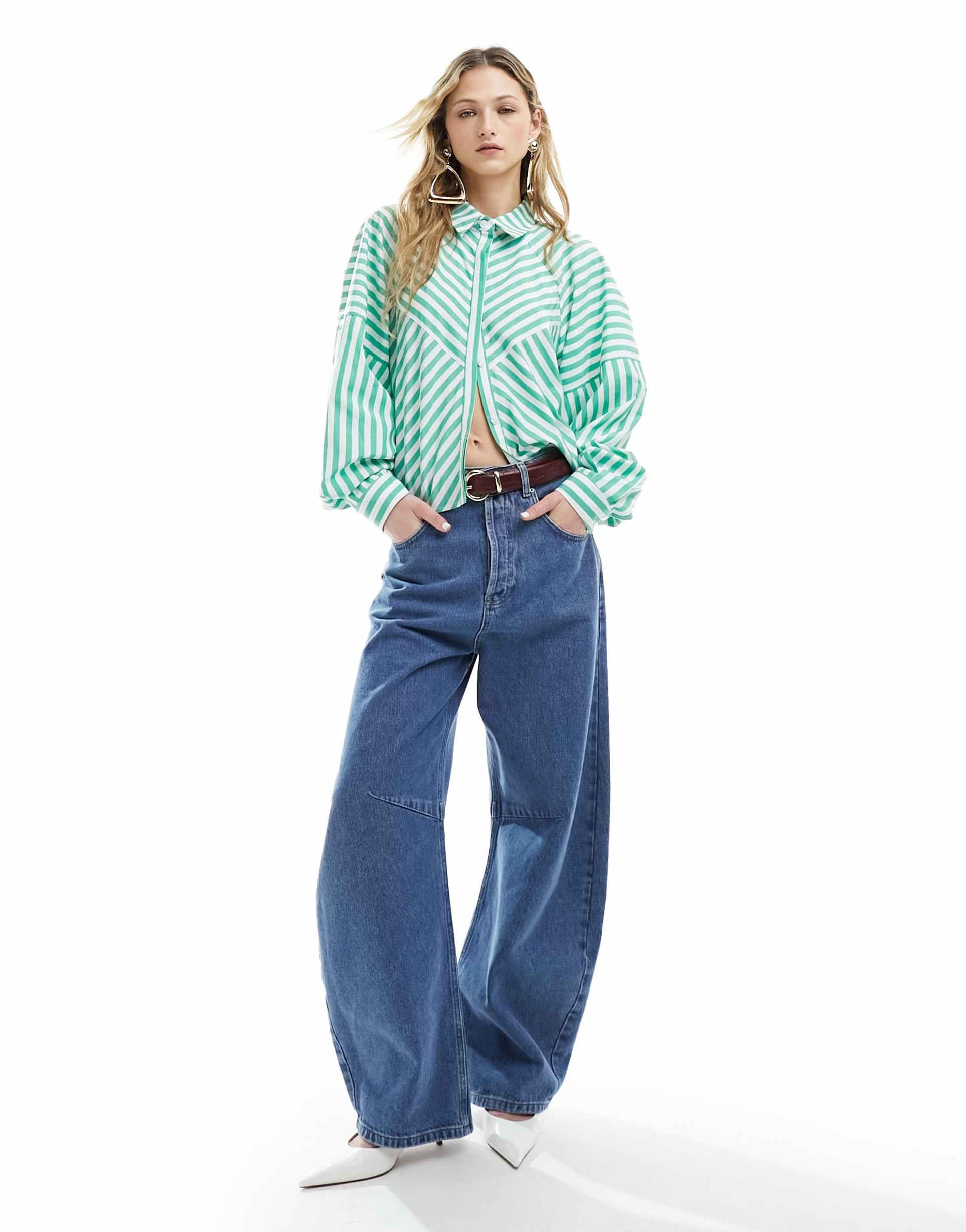 asos design spliced detail volume shoulder shirt in green stripe