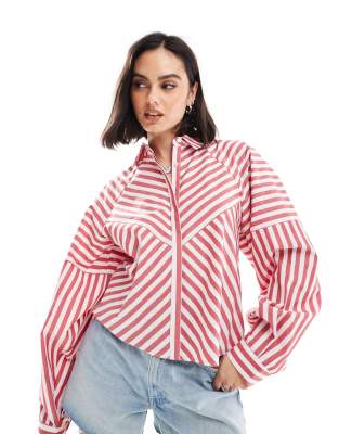 ASOS DESIGN spliced detail volume sleeve shirt red stripe