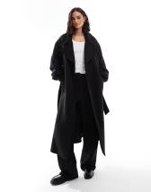 Aria Cove shaggy faux fur trim leather look maxi coat in black