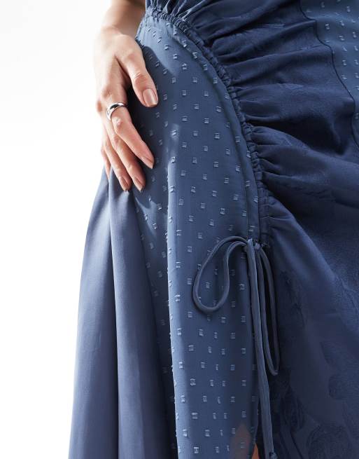 ASOS DESIGN spliced jacquard & dobby midi dress with ruched side in blue, 3 of 4
