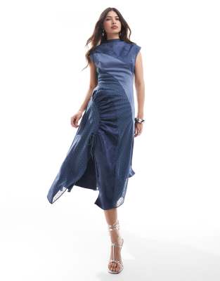 spliced jacquard & textured midi dress with ruched side in blue