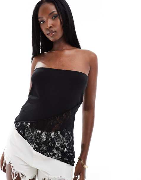 ASOS DESIGN spliced lace bandeau top in black - view 1