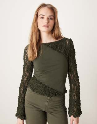 ASOS DESIGN spliced lace flute sleeve slash neck top in forest green