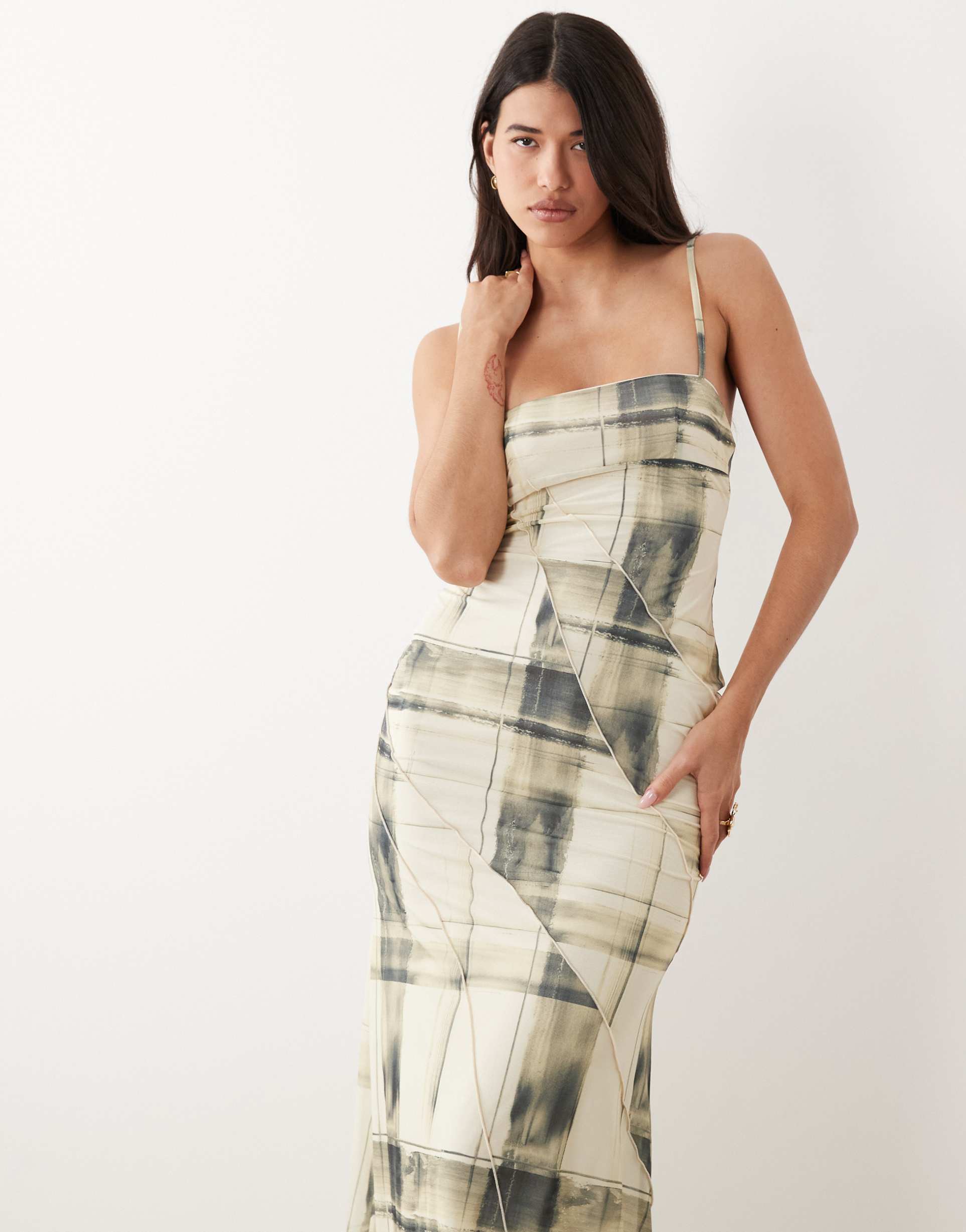asos design spliced printed plaid cami maxi dress in cream