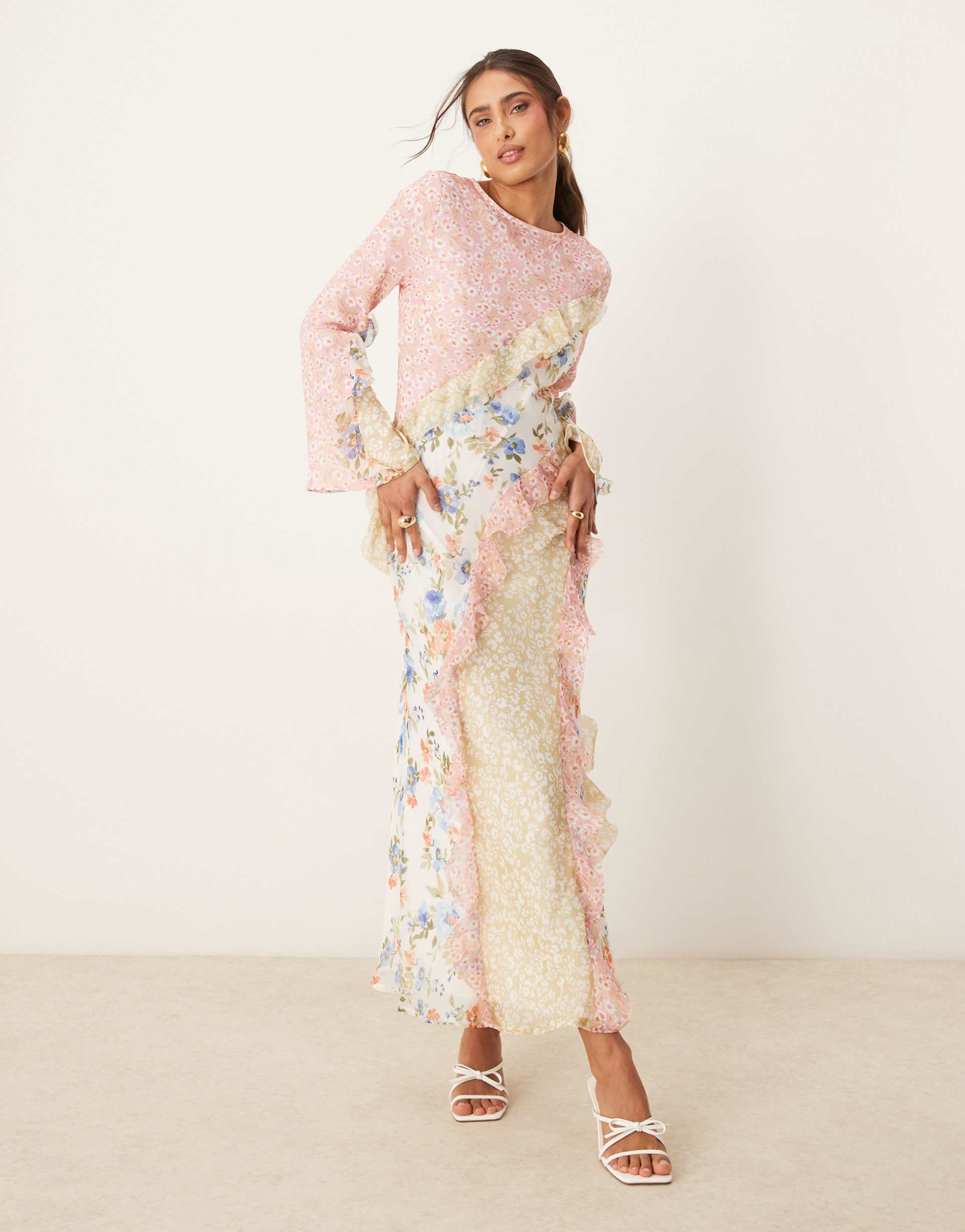 asos design spliced ruffle seam detail maxi dress in pretty floral