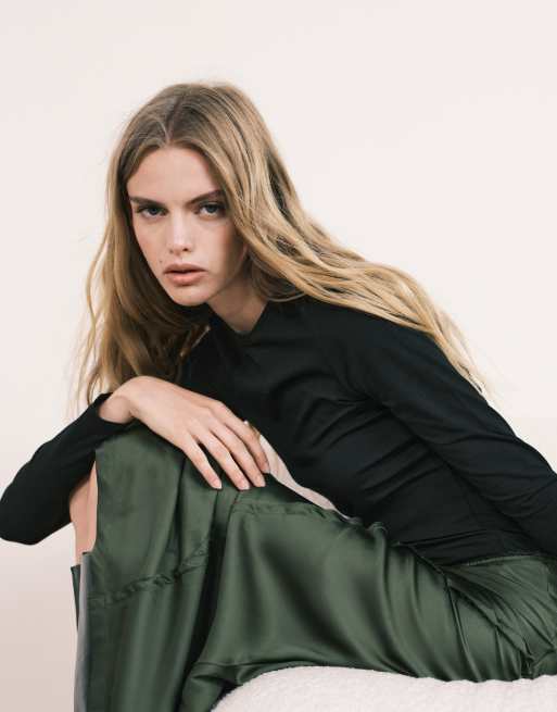 ASOS DESIGN spliced seam detail satin maxi skirt in olive, 2 of 5