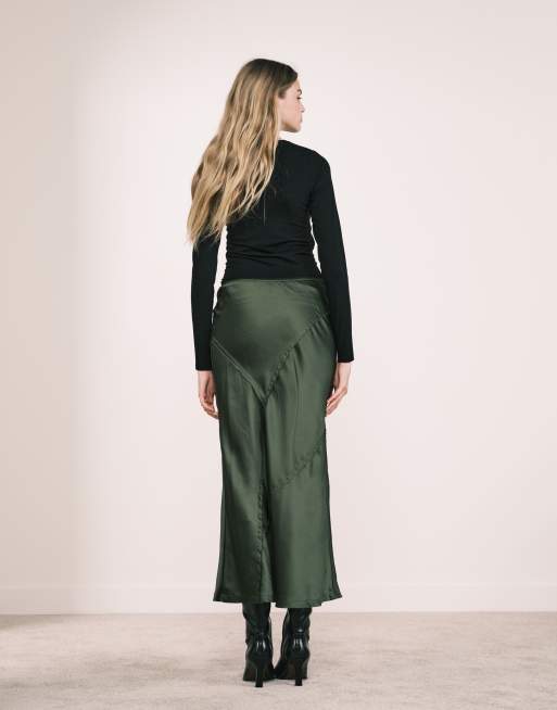 ASOS DESIGN spliced seam detail satin maxi skirt in olive, 3 of 5