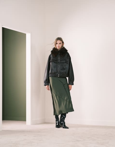 ASOS DESIGN spliced seam detailing satin maxi skirt in olive - view 1
