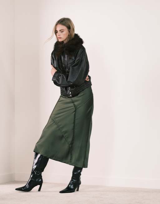 ASOS DESIGN spliced seam detailing satin maxi skirt in olive