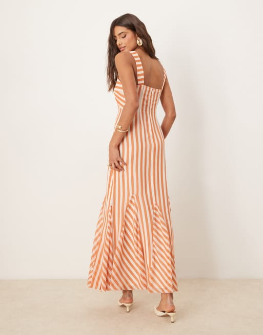 ASOS DESIGN spliced stripe cami maxi dress with godets in rust stripe