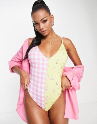 ASOS DESIGN spliced swimsuit in mixed floral and gingham print | ASOS