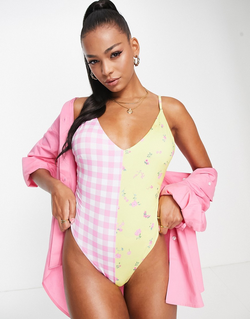 Asos Design Spliced Swimsuit In Mixed Floral And Gingham Print-multi