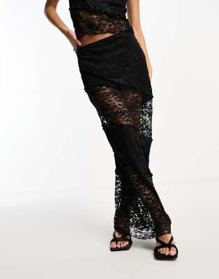 ASOS DESIGN spliced textured lace maxi skirt co ord in black | ASOS