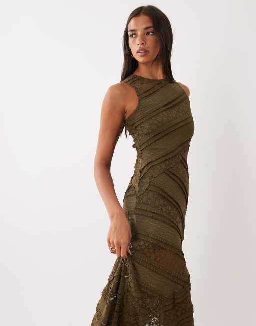 ASOS DESIGN spliced tiered lace midi dress in khaki, 2 of 4
