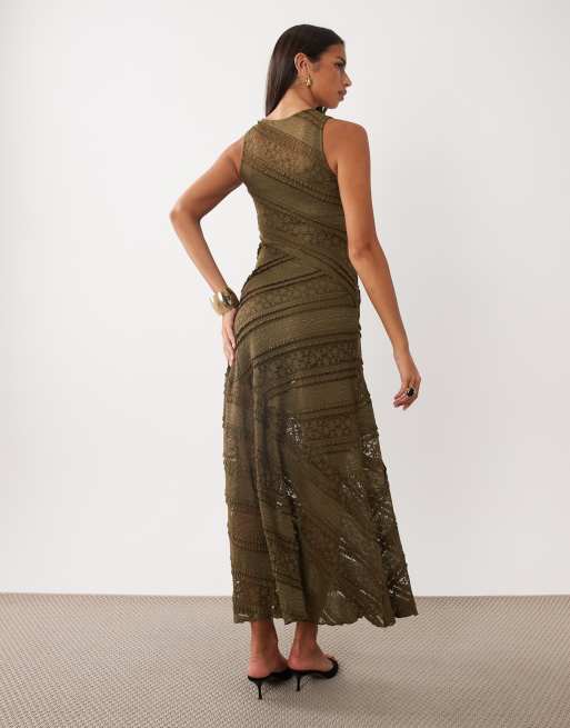 ASOS DESIGN spliced tiered lace midi dress in khaki, 4 of 4