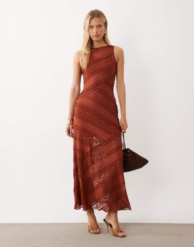 ASOS DESIGN spliced tiered lace midi dress in rust