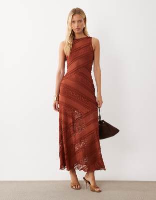 Asos Design Spliced Tired Lace Midi Dress In-brown