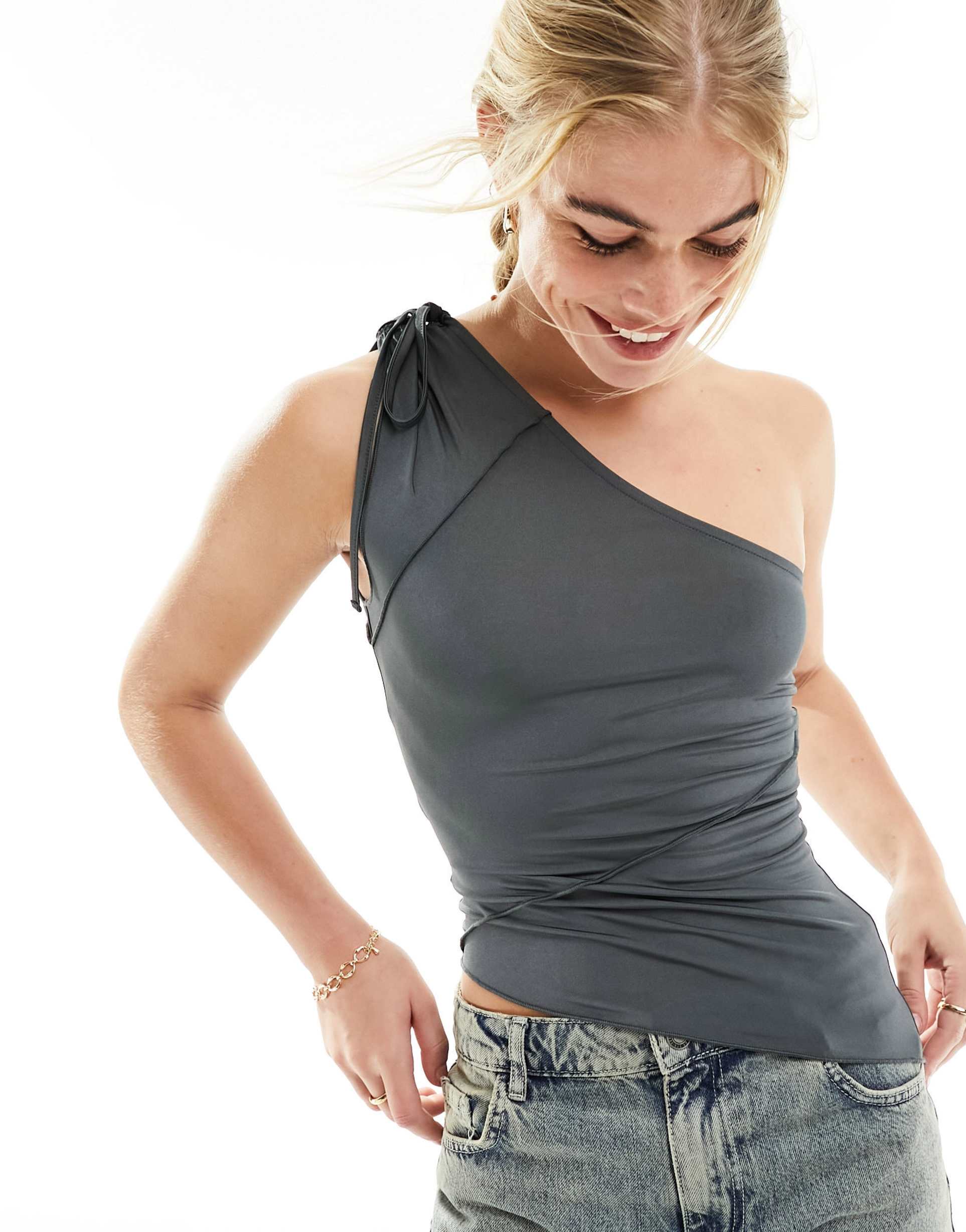 asos design spliced top with gathers in slate gray