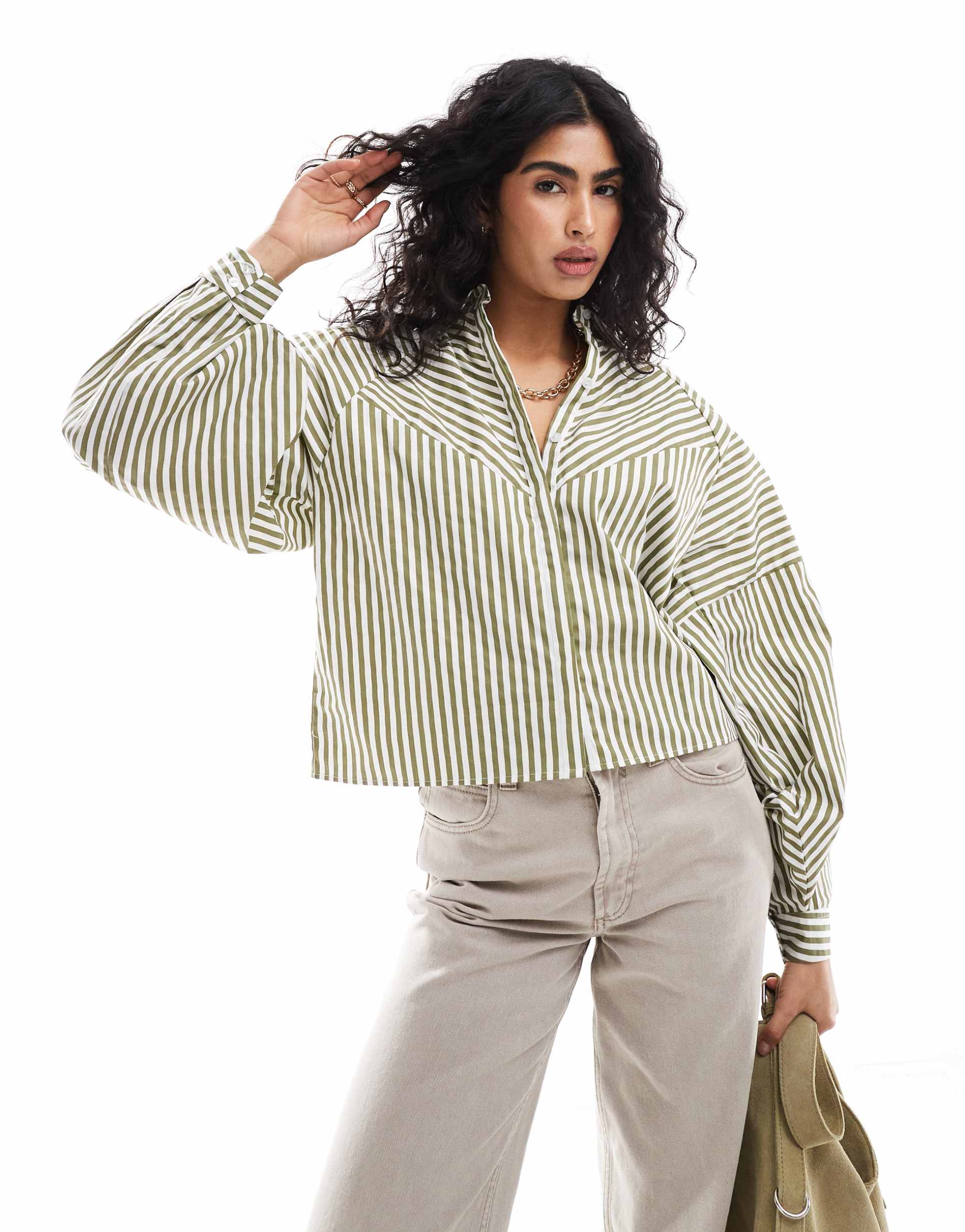 asos design spliced volume shirt in olive & white stripe