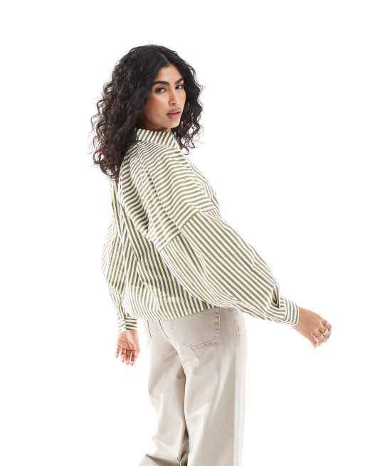 ASOS DESIGN spliced volume shirt in olive & white stripe, 2 of 4
