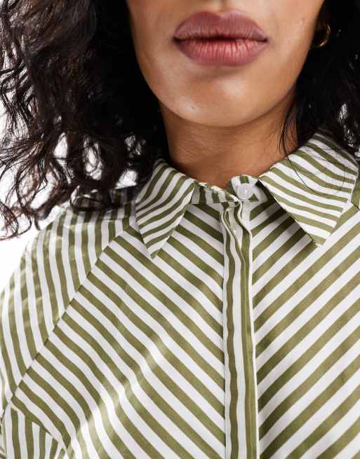 ASOS DESIGN spliced volume shirt in olive & white stripe, 3 of 4