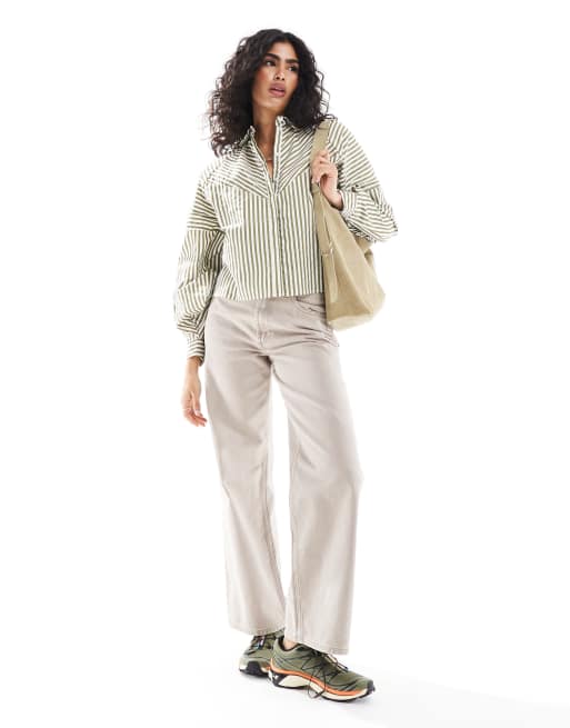 ASOS DESIGN spliced volume shirt in olive & white stripe, 4 of 4