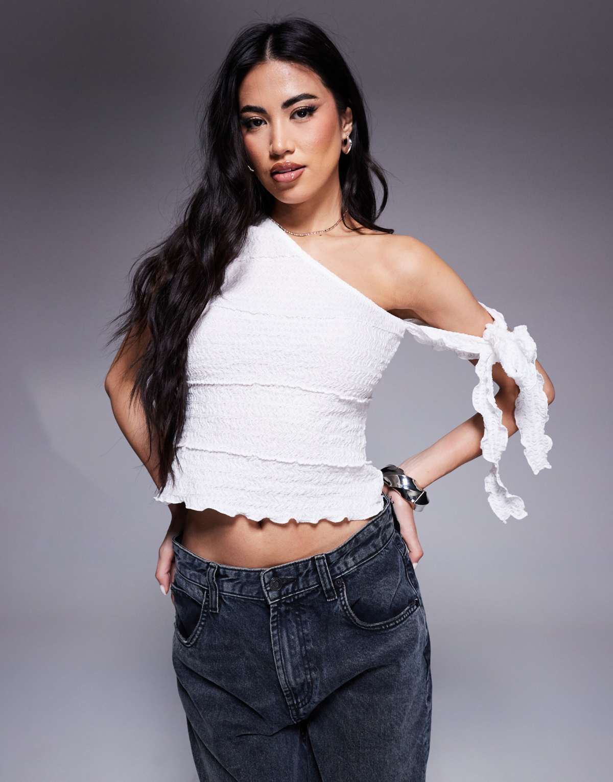 ASOS DESIGN spliced wavey texture tie side top with asymmetric neck in ivory