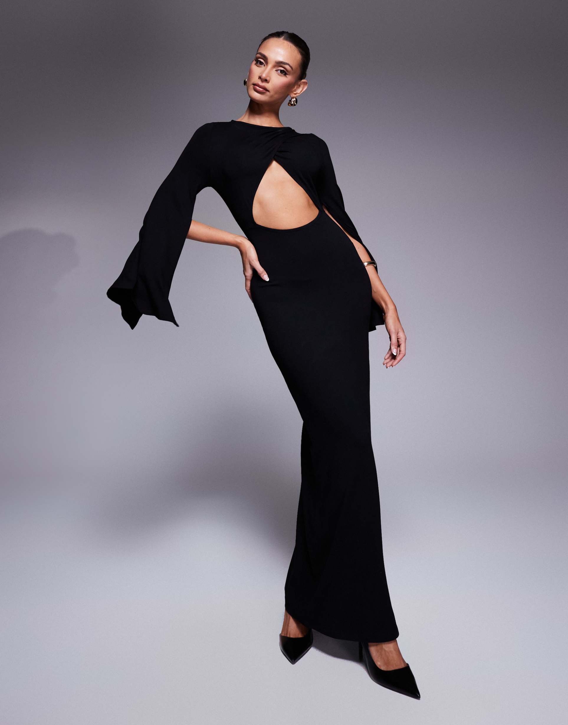 asos design split angel sleeve maxi dress with cut out in black