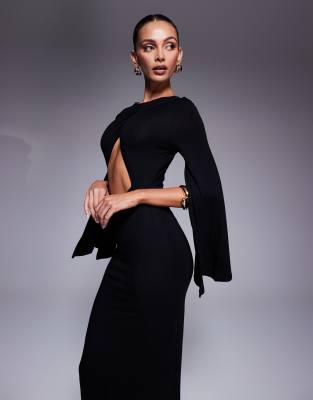 Shop Asos Design Split Angel Sleeve Maxi Dress With Cut Out In Black
