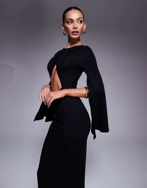 ASOS DESIGN split angel sleeve maxi dress with cut out in black