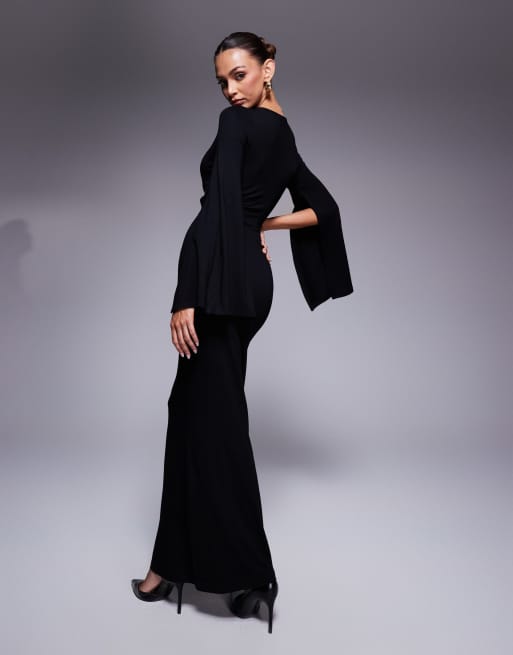 ASOS DESIGN split angel sleeve maxi dress with cut out in black