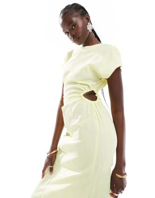 Asos Design Split Cap Sleeve Cut Out Detail Midi Dress In Buttermilk-yellow