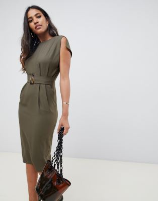 asos design split cap sleeve midi pencil dress with buckle