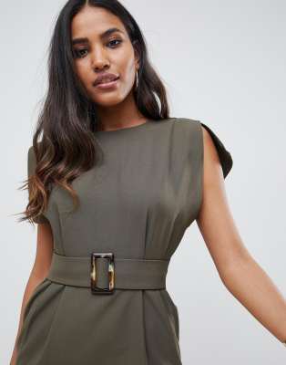 asos design split cap sleeve midi pencil dress with buckle