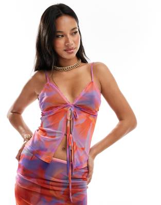 Asos Design Split Front Cami Top In Pink Floral - Part Of A Set-multi
