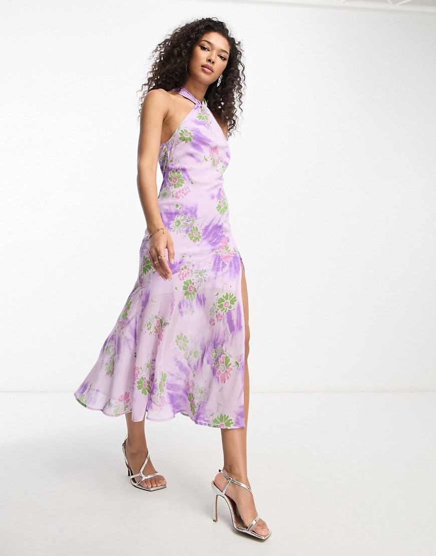 ASOS DESIGN split front halter midi dress in floral tie dye print-Multi