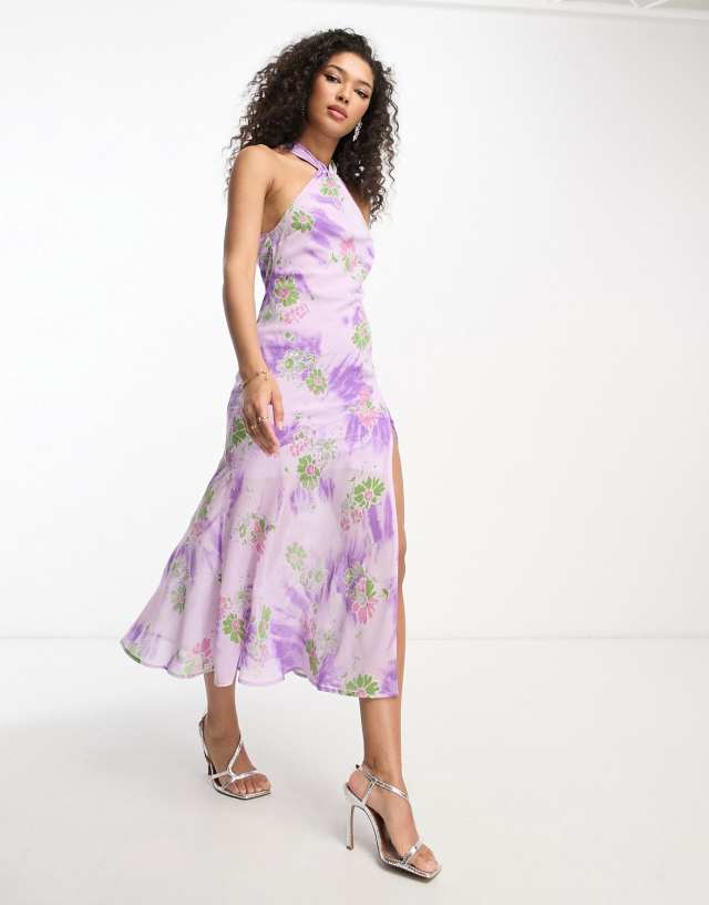 ASOS DESIGN - split front halter midi dress in floral tie dye print