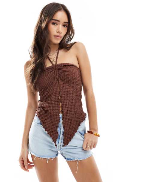 ASOS DESIGN split front halter textured festival top in brown - view 1