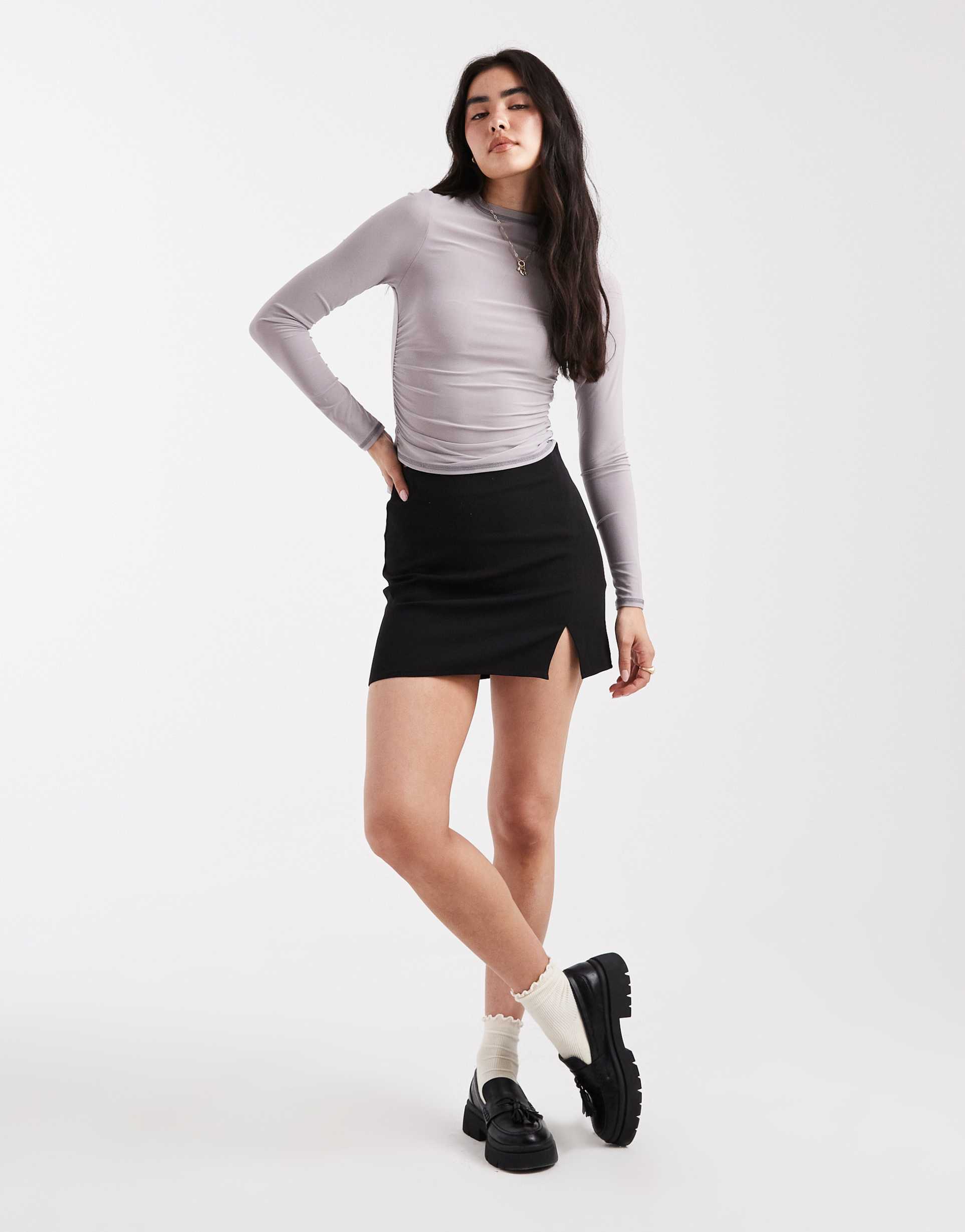 asos design split front mini skirt in black