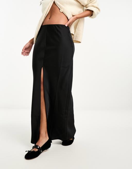 Black Maxi Skirt - Satin Side Slit Skirt - High Waist Long Skirt