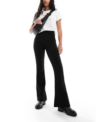 Asos Design Split Hem Ottoman Ribbed Flared Pants In Black In Black