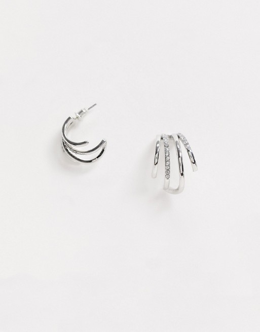 ASOS DESIGN split hoop earrings with crystal in silver tone