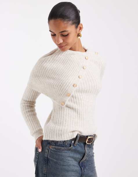 ASOS DESIGN split neck jumper with button detail in cream - view 1