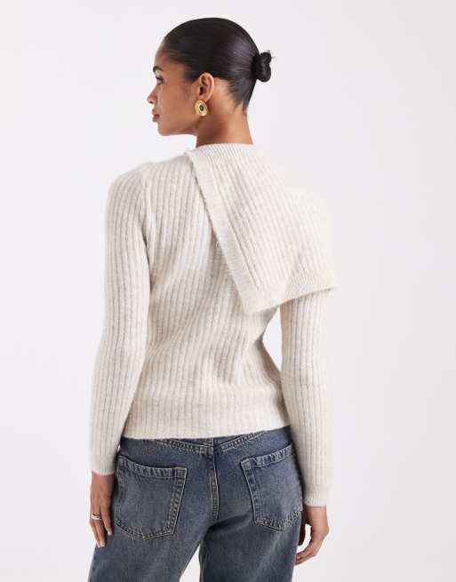 ASOS DESIGN split neck jumper with button detail in cream, 2 of 4