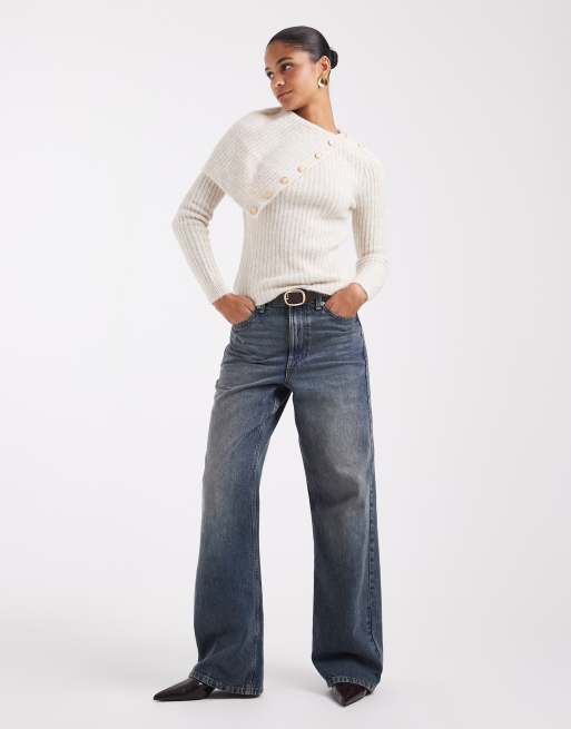 ASOS DESIGN split neck jumper with button detail in cream, 3 of 4