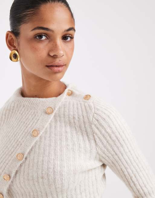 ASOS DESIGN split neck jumper with button detail in cream, 4 of 4