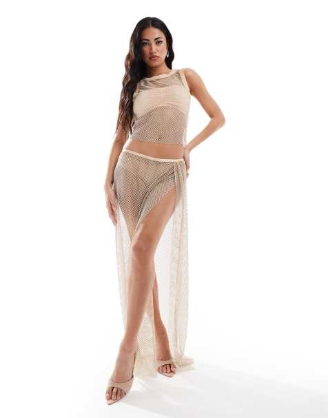 ASOS DESIGN split side maxi skirt in hotfix fishnet in gold (part of a set) - view 1