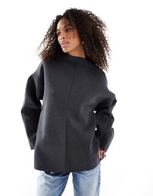 split side wide long sleeve sweat in charcoal scuba-Gray