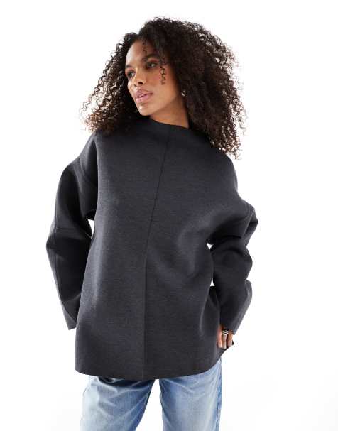ASOS DESIGN split side wide long sleeve sweat in charcoal scuba - view 1